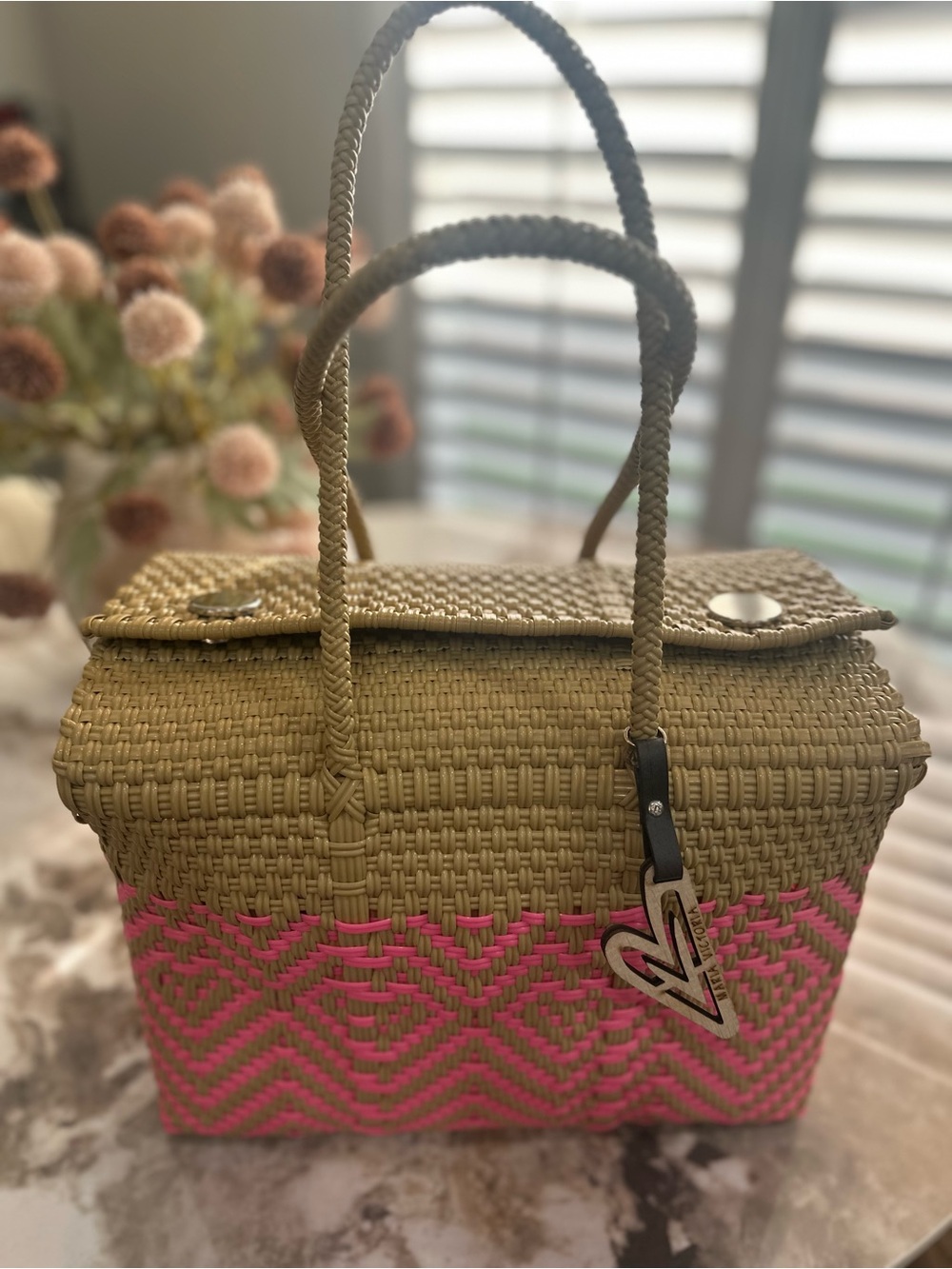 Maria Victoria Olive and Pink Tote Bag - Handheld Straw Shoulder Bag - Picture 6 of 6